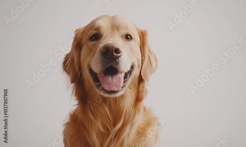 A golden retriever dog smiling at the camera with its tongue out.