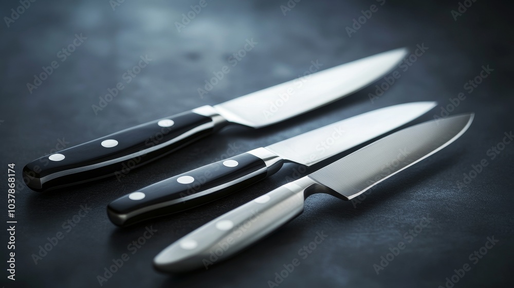 Three kitchen knives of varying sizes displayed on a dark countertop Three kitchen knives of varying sizes displayed on a dark countertop