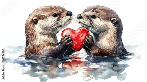 Cute Otters Holding Heart in Watercolor Style