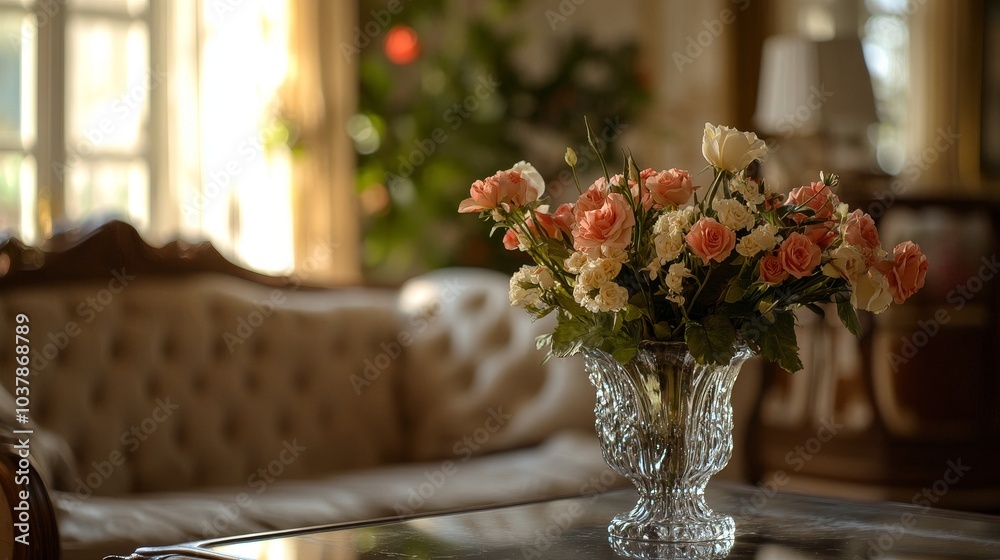 A beautiful floral arrangement in a crystal vase on a coffee table in an elegant living room filled with natural light
