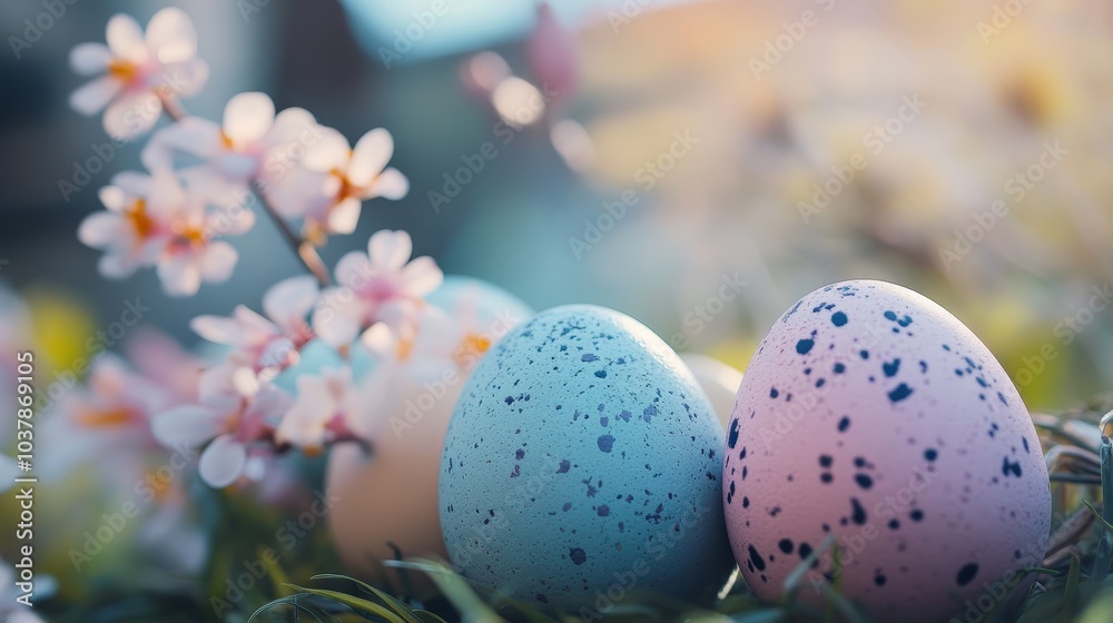 Colorful Easter eggs nestled among spring flowers during a sunny day Colorful Easter eggs nestled among spring flowers during a sunny day