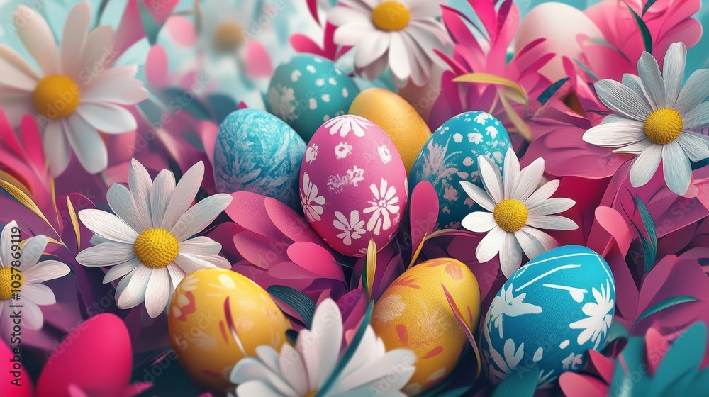 Colorful Easter eggs nestled among vibrant flowers in a spring garden Colorful Easter eggs nestled among vibrant flowers in a spring garden