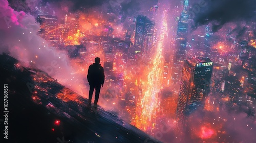 Man Gazing at a Futuristic Cityscape