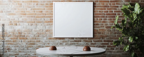 Front-facing angle of an industrial dining room with a 20x30 inch blank white frame on a brick wall photo