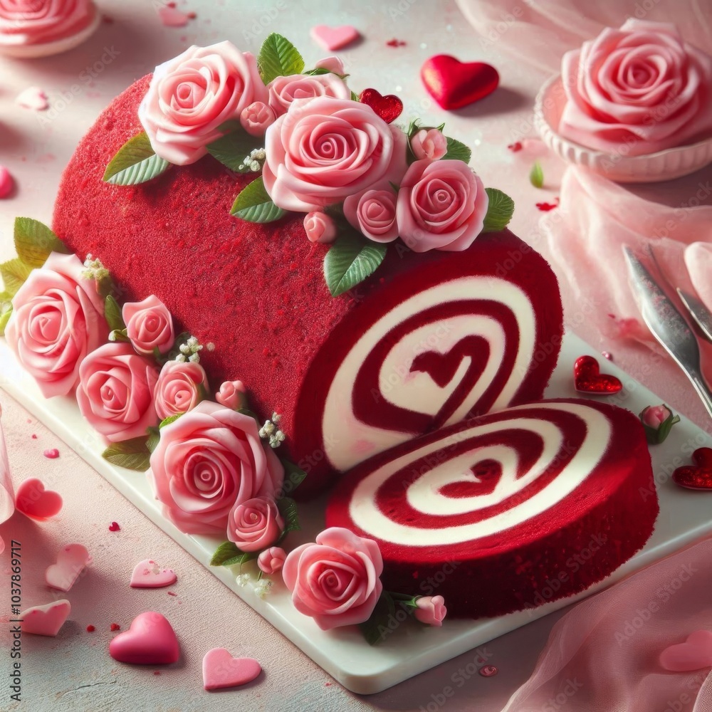 Sliced red velvet cake roll adorned with pink roses and heart decorations, perfect for Valentine’s