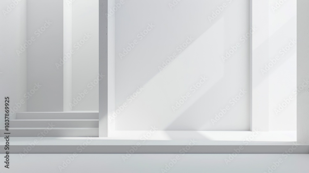 Minimalist White Interior with Staircase and Sunlight Minimalist White Interior with Staircase and Sunlight