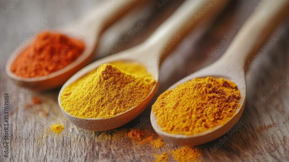 Vibrant Spices in Wooden Spoons on Rustic Background Vibrant Spices in Wooden Spoons on Rustic Background