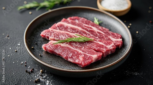 Fresh Cuts of Raw Beef on Plate with Herbs