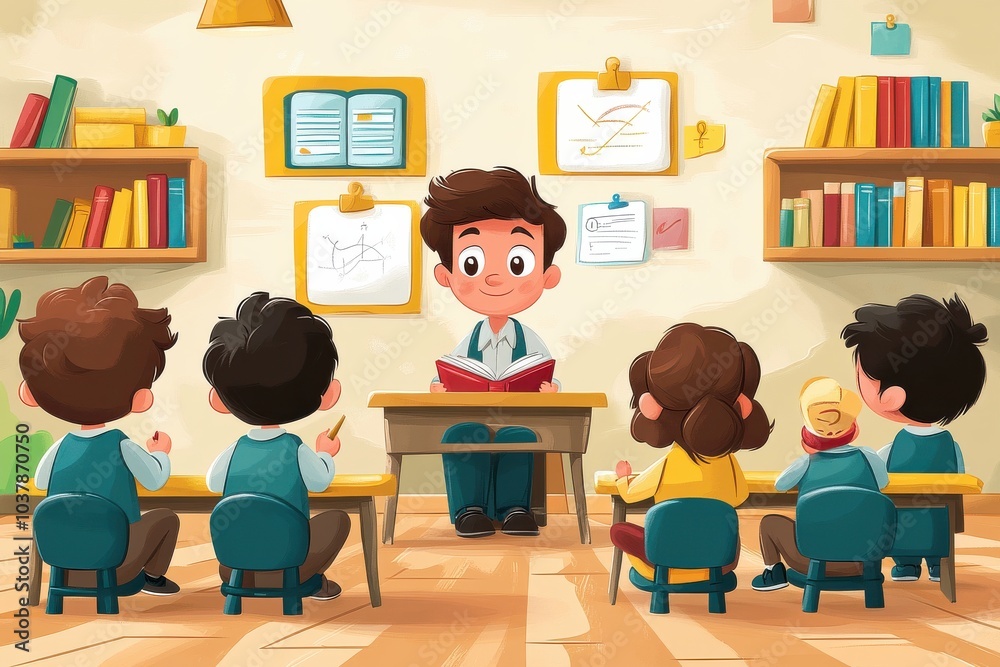 Cartoon Classroom with Teacher and Students Engaged in Learning Activity