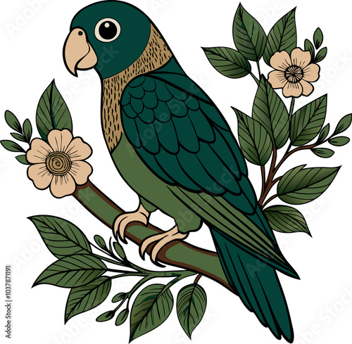 Floral parrot perched on branch elegant illustration with leaves and blossoms