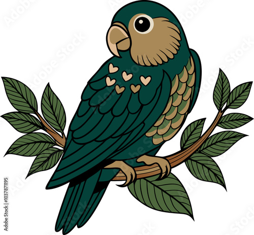 Colorful parrot illustration with heart details on a leafy branch photo