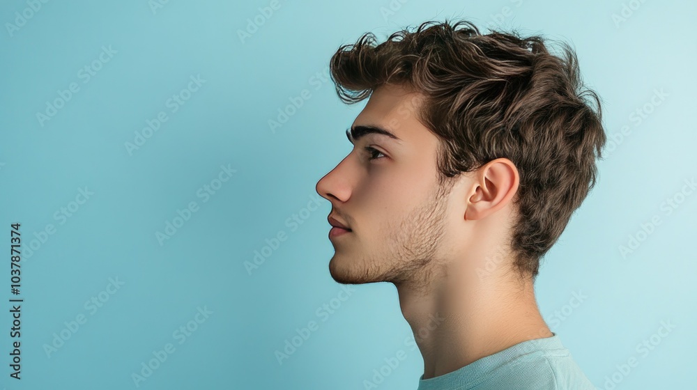 Profile of Young Man Against Blue Background