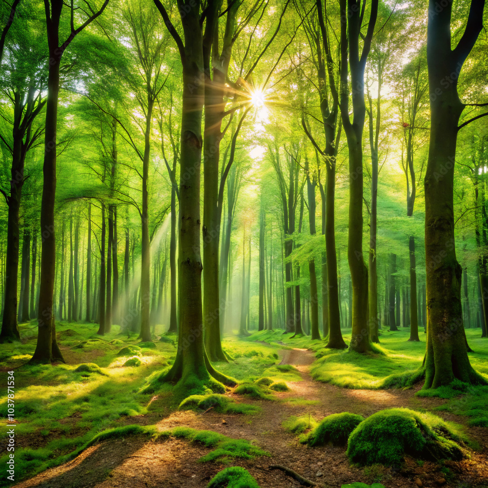 Obraz premium morning in the forest. forest, trees, nature, sun, tree, landscape, mist, light, autumn, misty, fog, green, woods, path, morning, sunlight, spring, foggy, woodland, foliage, park, wood, summer, sunris