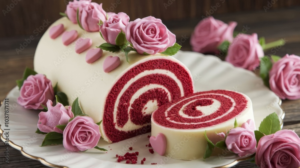 Sliced red velvet cake roll adorned with pink roses and heart decorations, perfect for Valentine’s Sliced red velvet cake roll adorned with pink roses and heart decorations, perfect for Valentine’s