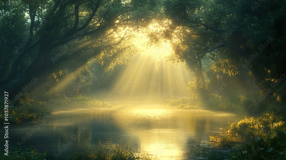 Golden Hour Sunlight Through Forest Trees Over River Golden Hour Sunlight Through Forest Trees Over River