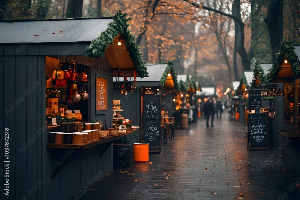 Fototapeta premium Enchanting Christmas market with quaint wooden chalets adorned with garlands and ornaments locals and visitors perusing the handmade wares sipping on steaming cups of mulled wine