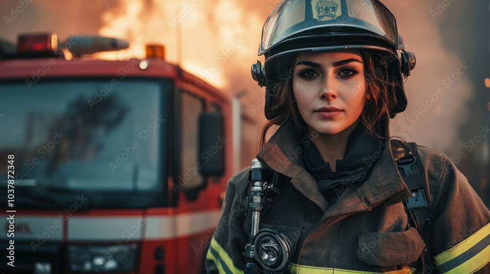 A strong female firefighter in full gear, standing confidently in front of a firetruck, ready for action, smoke rising in the background A strong female firefighter in full gear, standing confidently in front of a firetruck, ready for action, smoke rising in the background