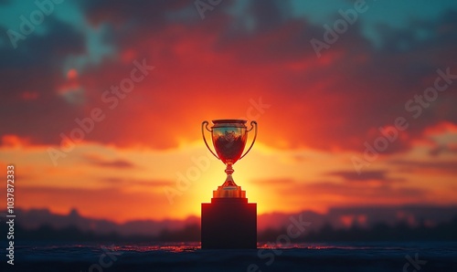 A golden trophy cup sits on a wooden base against a vibrant sunset sky, symbolizing success and achievement. photo