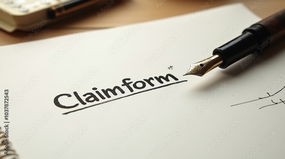 Fountain pen resting on a claim form document Fountain pen resting on a claim form document