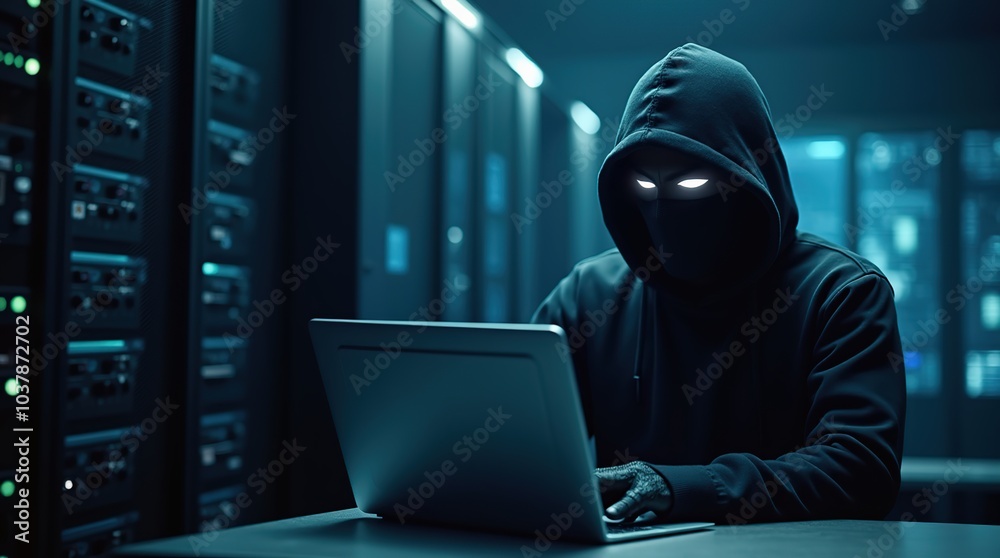 Hacker in hooded sweatshirt stealing data from server Hacker in hooded sweatshirt stealing data from server