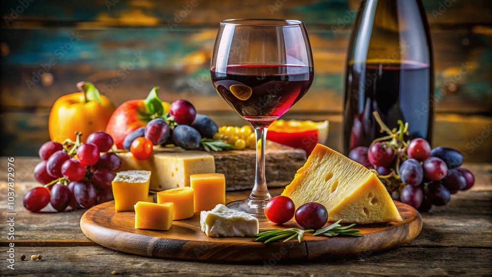 An exquisite glass of red wine sits beside a vivid cheese platter, emphasizing a variety of luxurious textures An exquisite glass of red wine sits beside a vivid cheese platter, emphasizing a variety of luxurious textures