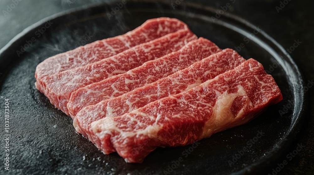 Fresh Cuts of Marbled Beef on Griddle Plate Fresh Cuts of Marbled Beef on Griddle Plate