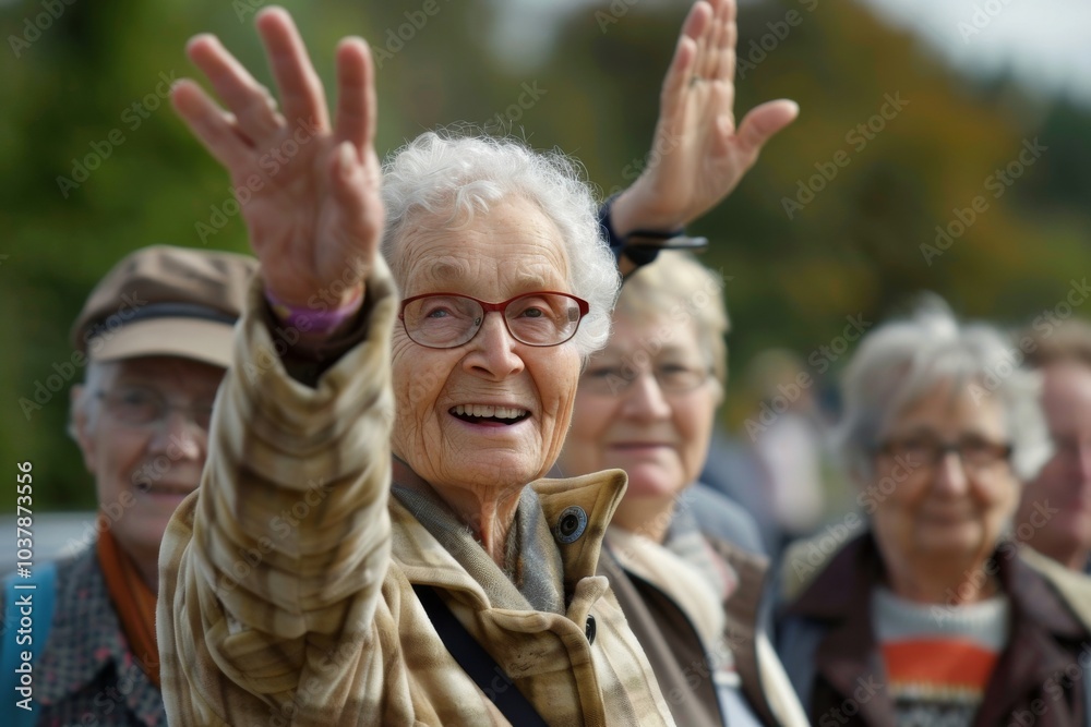 Portrait of happy senior women with arms raised in a park. Portrait of happy senior women with arms raised in a park.