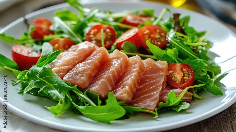 Fresh Salmon Salad with Cherry Tomatoes and Greens Fresh Salmon Salad with Cherry Tomatoes and Greens