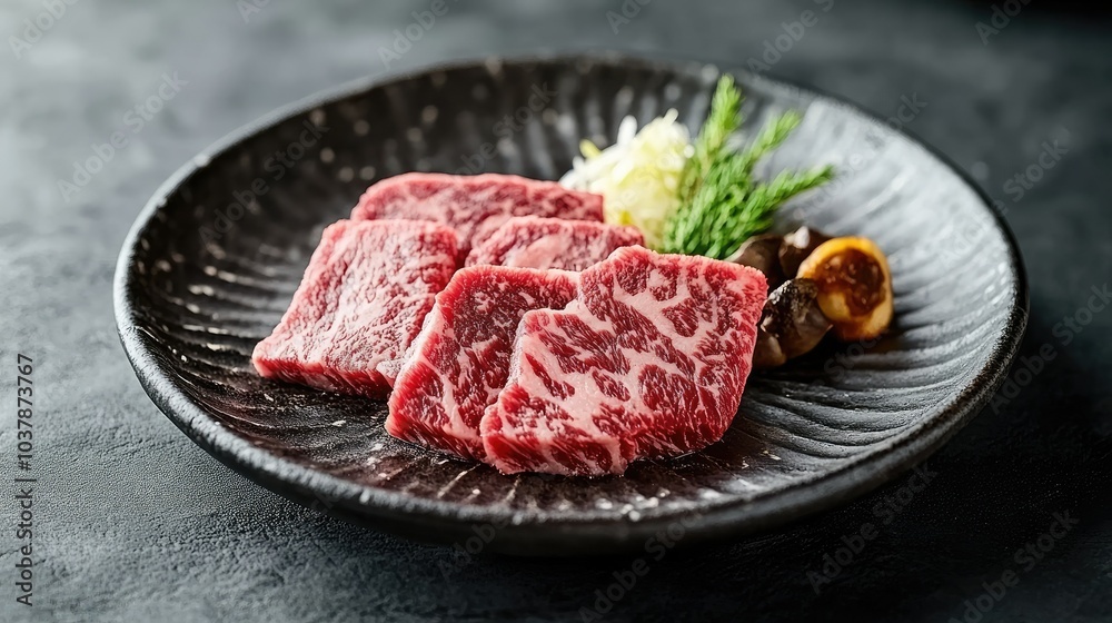 Fresh Slices of Juicy Wagyu Beef on Black Plate Fresh Slices of Juicy Wagyu Beef on Black Plate