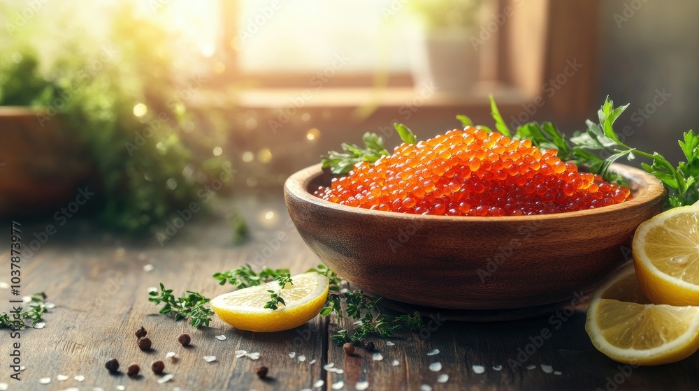 Fresh Salmon Roe in Bowl with Lemon and Herbs Fresh Salmon Roe in Bowl with Lemon and Herbs
