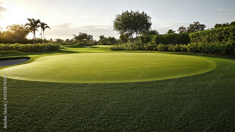 A serene outdoor golf putting green with a well-maintained surface and neatly placed holes, surrounded by manicured gardens and a clear sky, early morning light enhancing the tranquil setting A serene outdoor golf putting green with a well-maintained surface and neatly placed holes, surrounded by manicured gardens and a clear sky, early morning light enhancing the tranquil setting