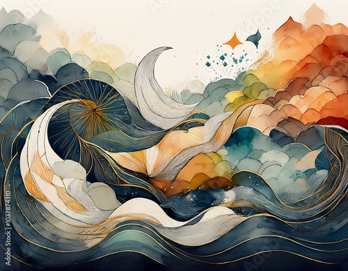 無限に繰り返す時間の流れを、波打つ線や渦を中心とした幾何学模様で表現　線が無限に折り重なりながら、形が再構成され続ける抽象的な時間の循環を象徴する