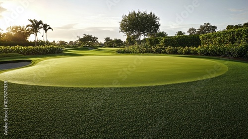 A serene outdoor golf putting green with a well-maintained surface and neatly placed holes, surrounded by manicured gardens and a clear sky, early morning light enhancing the tranquil setting photo