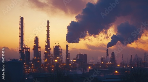 Industrial Landscape at Sunset with Smokestacks