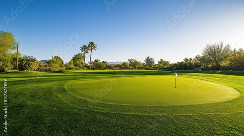 A serene outdoor golf putting green with a well-maintained surface and neatly placed holes, surrounded by manicured gardens and a clear sky, early morning light enhancing the tranquil setting photo