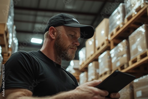 A man wearing a black shirt and a black hat is looking at a tablet