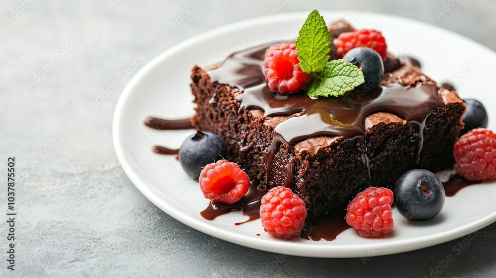 Chocolate brownie with fresh berries and mint Chocolate brownie with fresh berries and mint