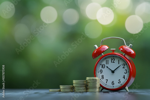 Time and Growth, Red Alarm Clock with Stacked Coins on a Green Bokeh Background