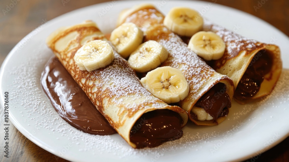 Delicious Sweet Crepes with Banana and Chocolate Sauce Delicious Sweet Crepes with Banana and Chocolate Sauce