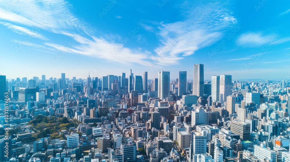 Naklejka premium City Skyline Under Blue Sky and White Clouds