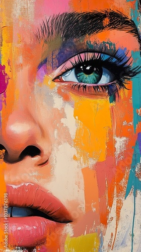 Close-up Portrait of a Woman with Bold Colors and Abstract Strokes photo