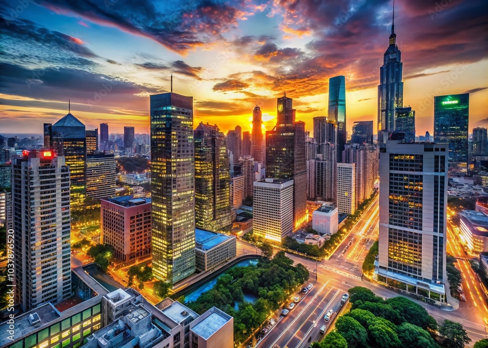 Fototapeta premium As the sun sets, the urban landscape comes alive with skyscrapers, bustling streets, and a vibrant city energy,