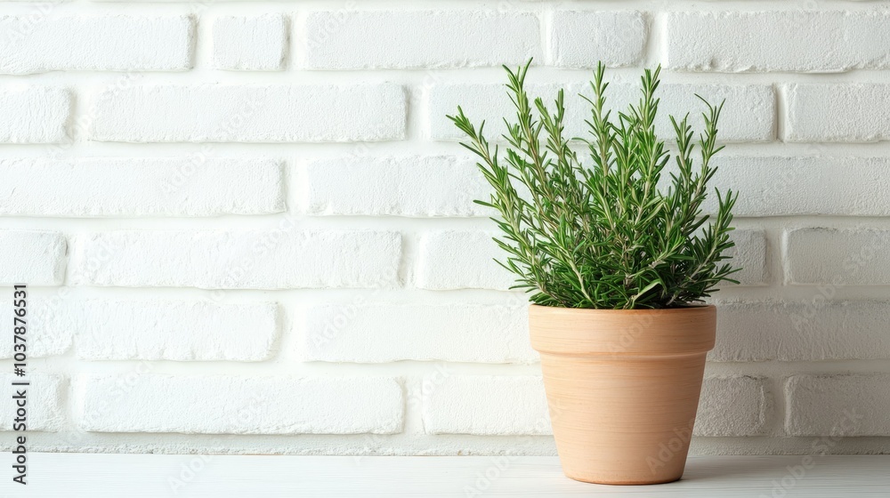 Green Rosemary Plant in Pot against White Brick Wall Green Rosemary Plant in Pot against White Brick Wall