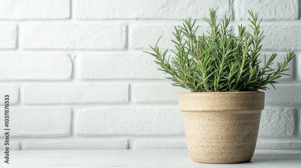 Fresh Green Herb Plant in Simple Pot on White Background Fresh Green Herb Plant in Simple Pot on White Background