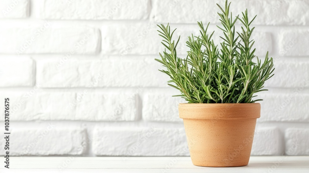 Fototapeta premium Fresh Green Rosemary Plant in Pot on White Brick Wall