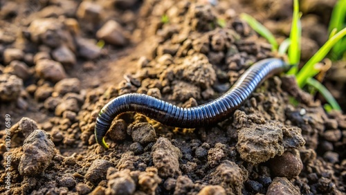 Black worm crawling on the ground, invertebrate, agricultural field inhabitant