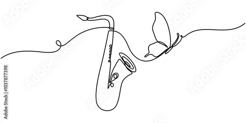 One continuous line drawing of classical saxophone and butterflies. Music Festival. Wind music instruments concept. Modern single line graphic draw design vector illustration, Vector illustration