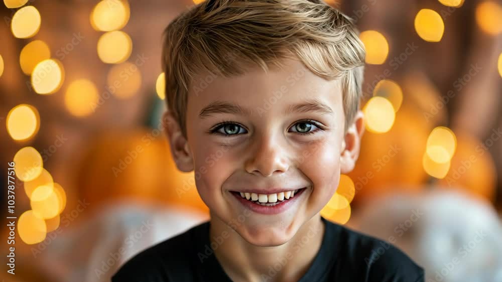 happy young boy smiling at home, the room decorated with lights and pumpkin prepare for Halloween happy young boy smiling at home, the room decorated with lights and pumpkin prepare for Halloween
