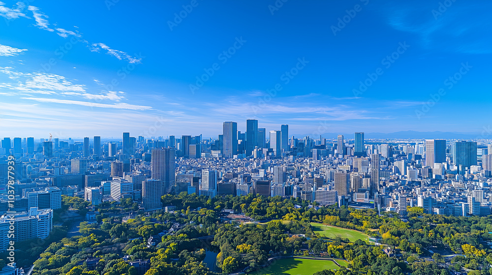 Fototapeta premium Aerial View of a Modern City Skyline Under a Clear Blue Sky