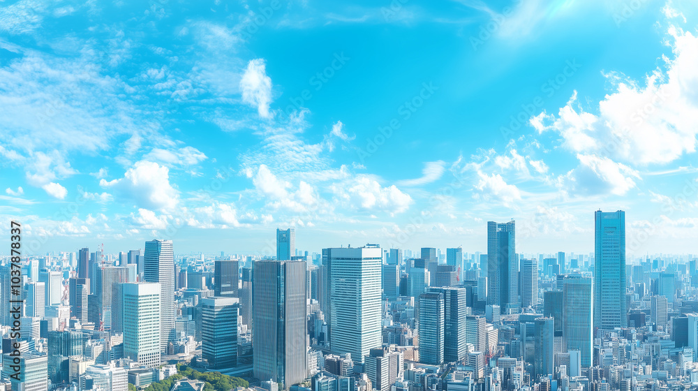 Aerial View of a Modern City Skyline Under a Clear Blue Sky Aerial View of a Modern City Skyline Under a Clear Blue Sky